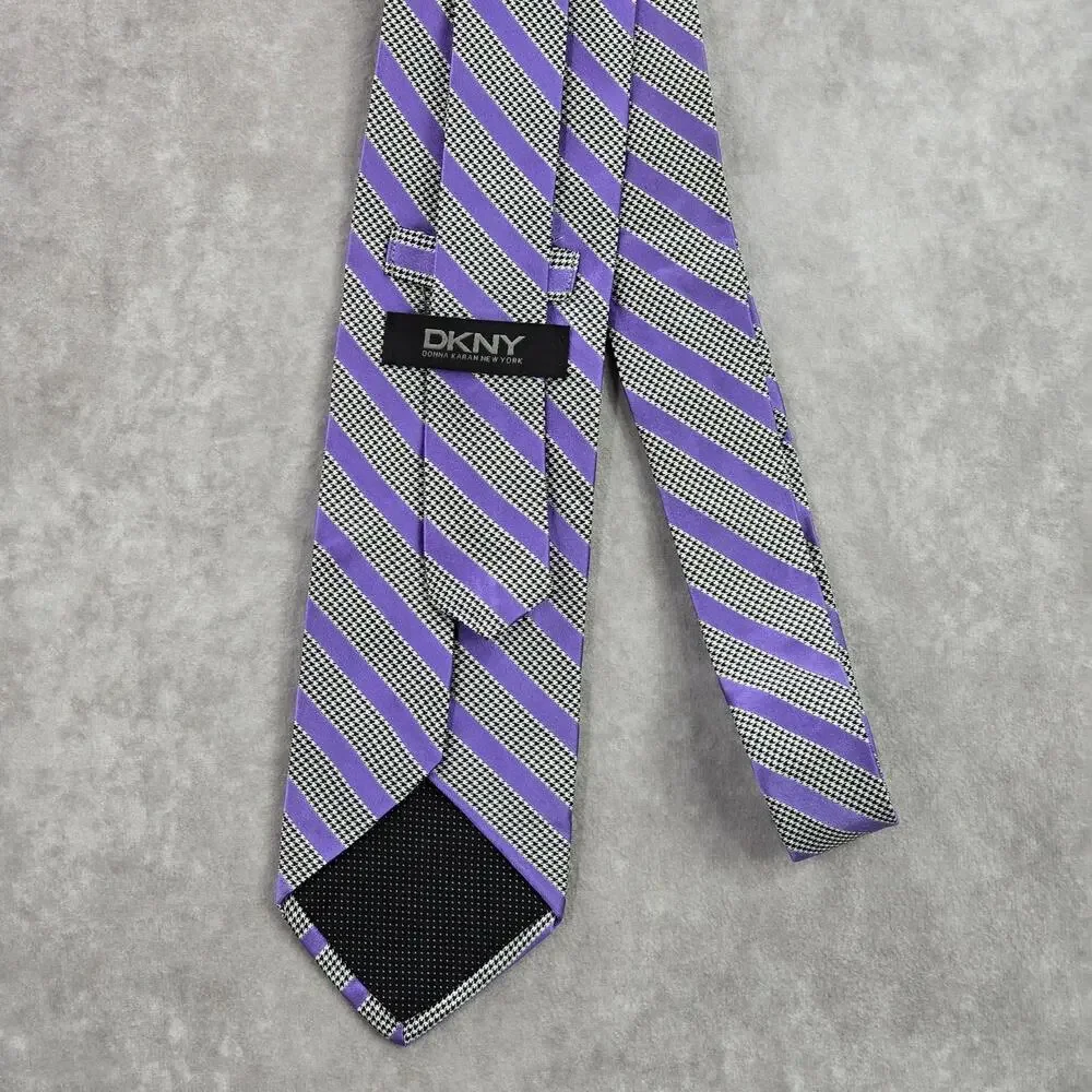DKNY Purple Houndstooth Stripe Geometric‎ Executive Black White Neck Tie Men's